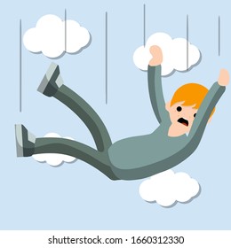 Falling man. Flight among clouds. horror and fear of heights - phobia Acrophobia. Drop young guy. Cartoon flat illustration