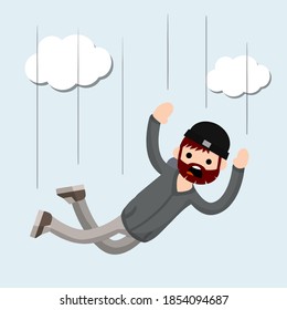 Falling man. horror and fear of heights - phobia Acrophobia. Cartoon flat illustration. Flight among clouds. Drop young guy