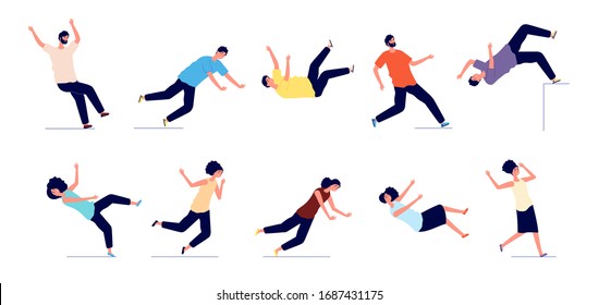 Falling man. People fall from stairs, slip and stumble. Safety persons, dangerous trauma. Young women men accidents vector illustration