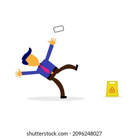 Falling man Slips, Slipping and Downfall, verletzter unausgewogener Charakter, Körperverletzung, gefährlicher Tropfen, Vorsicht gelbe Zeichenkarikatur Vektorkonzept