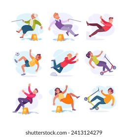 Falling Man and Woman Character Slip on the Ground Vector Set