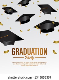 falling many hat graduation party celebration invitation template with confetti for celebrate graduate school and collage. Poster, banner, brochure, background. Vector illustration