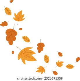 Falling Maple Falling Autumn Leaves. Leaf swirls border. Flat doodle fall cartoon element. Vector illustration isolated on transparent background