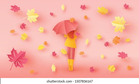 Falling maple leaves with a beautiful girl walking with an umbrella in Autumn season. paper cut and craft style. vector, illustration.