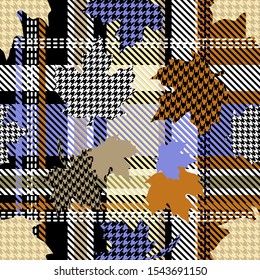 Falling maple leaves. Blue, black and beige autumn plaid. Seamless vector pattern with botanical motifs and hounds tooth elements.