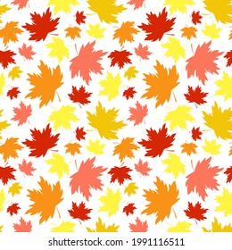 Falling maple leaves seamless pattern. Colored acer foliage silhouette boundless background. Fall endless texture. Red, yellow, orange autumn leaves сute colorful repeating surface design