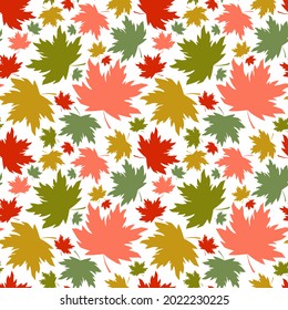 Falling maple leaves seamless pattern. Colored acer foliage silhouette boundless background. Fall endless texture. Red and green autumn leaves сute colorful repeating surface design
