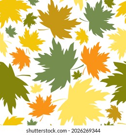 Falling maple leaves seamless pattern. Colored acer foliage silhouette boundless background. Fall endless texture. Нellow, orange, green autumn leaves сute colorful repeating surface design