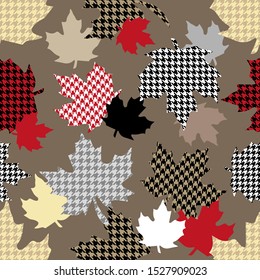 Falling maple leaves. Seamless vector pattern with botanical motifs and hounds tooth elements. Autumn textile collection. White, black, red.