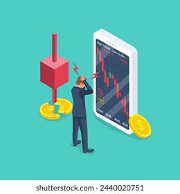 Falling market. The trading broker is horrified at the falling market. Walking stock exchange. Fall graphics. Vector illustration isometric design. Isolated on white background.