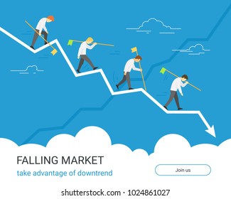 Falling markets and taking advantage of downtrend. Business graph down flat vector illustration of professional people with flags going together along falling arrow. Investors and traders us losers