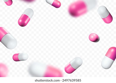 Falling medical pills capsules isolated on transparent background. Realistic white and pink pills in 3D style. Healthcare and medical concept. Drug addiction. Vector illustration.