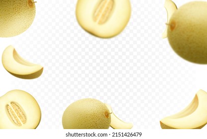 Falling melons fruit isolated on transparent background. Blurred and realistic melon slices. Vector seamless pattern for advertising. Realistic half, slice and whole of juice berriyes.