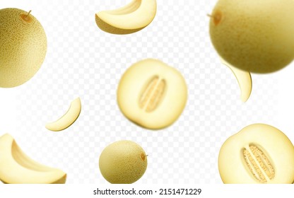 Falling melons fruit isolated on transparent background. Blurred and realistic melon slices. Vector seamless pattern for advertising. Realistic half, slice and whole of juice berriyes.