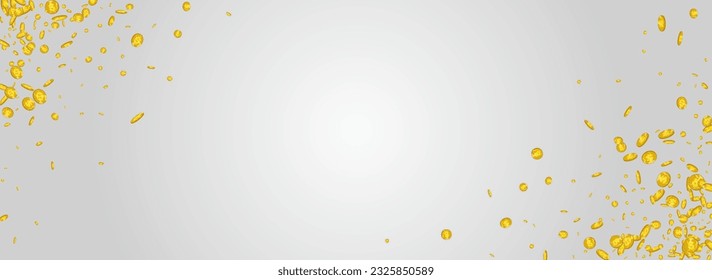 Falling Metal Coin Vector Gray Panoramic Background. Gold Confetti Rich Template. Golden Jackpot Poster. Business Currency Banner.