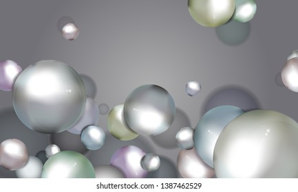 Falling metallic multicolored spheres. glossy balls - Illustration. Modern trendy banner or poster design - Vector. Abstract  background with 3d geometric shapes. Festive horizontal banner