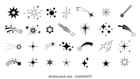 Falling meteor. Abstract silhouette of shooting star, flying meteorite with tail silhouette. Vector isolated comet shape set. Galaxy with celestial elements and sparkles, cosmic shine