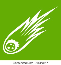 Falling meteor with long tail icon white isolated on green background. Vector illustration
