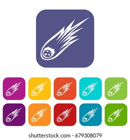 Falling meteor with long tail icons set vector illustration in flat style In colors red, blue, green and other