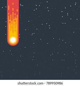 Falling meteor through the atmosphere. Glowing and firing tale with flame. Flat style illustration. Meteorite entering atmosphere.