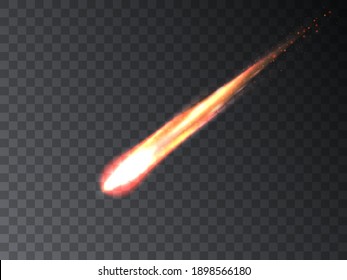 Falling meteorite. Burning fireball asteroid. Vector illustration of a falling flying burning comet meteor on a transparent background.