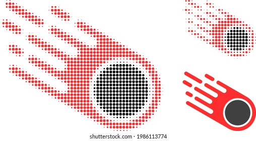 Icono de punto medio del meteorito en caída. La matriz de semitono contiene puntos redondos. Ilustración vectorial del icono del meteorito que cae sobre un fondo blanco.