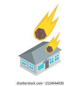 Falling meteorite icon isometric vector. Burning meteorite falling on building. Meteor rain, astronomical phenomenon, armageddon
