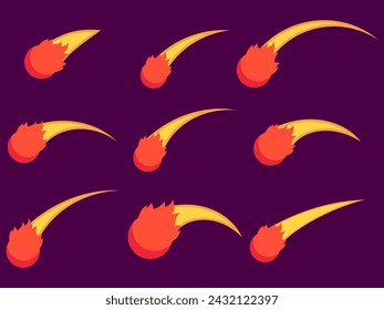 Falling meteorite icon set isolated. Flying comet with a tail, burning meteorite in a minimalist style. Collection of falling asteroids, space object. Vector illustration