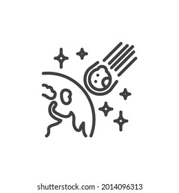 Falling meteorite line icon. linear style sign for mobile concept and web design. Earth and asteroid outline vector icon. Symbol, logo illustration. Vector graphics