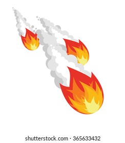 Falling meteorite on white background. Group space asteroids in air. Ball of fire with smoke. Fiery Comet tail