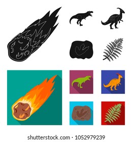 A falling meteorite,parasaurolophus, tyrannosaurus, an imprint of a dinosaur foot. The dinosaur and prehistoric period set collection icons in black, flat style vector symbol stock illustration web.