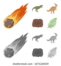 A falling meteorite,parasaurolophus, tyrannosaurus, an imprint of a dinosaur foot. The dinosaur and prehistoric period set collection icons in cartoon,monochrome style vector symbol stock illustration