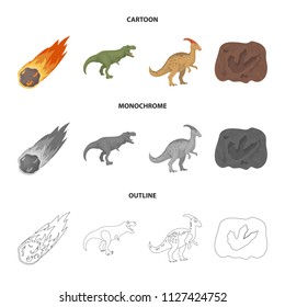 A falling meteorite,parasaurolophus, tyrannosaurus, an imprint of a dinosaur foot. The dinosaur and prehistoric period set collection icons in cartoon,outline,monochrome style vector symbol stock