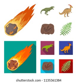 A falling meteorite,parasaurolophus, tyrannosaurus, an imprint of a dinosaur foot. The dinosaur and prehistoric period set collection icons in cartoon,flat style vector symbol stock illustration web.
