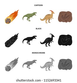 A falling meteorite,parasaurolophus, tyrannosaurus, an imprint of a dinosaur foot. The dinosaur and prehistoric period set collection icons in cartoon,black,monochrome style vector symbol stock