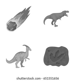 A falling meteorite,parasaurolophus, tyrannosaurus, an imprint of a dinosaur s foot. The dinosaur and prehistoric period set collection icons in monochrome style vector symbol stock illustration web.