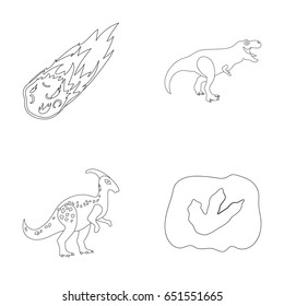 A falling meteorite,parasaurolophus, tyrannosaurus, an imprint of a dinosaur s foot. The dinosaur and prehistoric period set collection icons in outline style vector symbol stock illustration web.