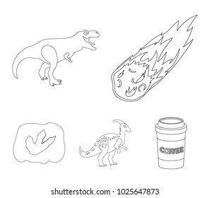 A falling meteorite,parasaurolophus, tyrannosaurus, an imprint of a dinosaur's foot. The dinosaur and prehistoric period set collection icons in outline style vector symbol stock illustration web.