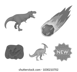 A falling meteorite,parasaurolophus, tyrannosaurus, an imprint of a dinosaur's foot. The dinosaur and prehistoric period set collection icons in monochrome style vector symbol stock illustration web.