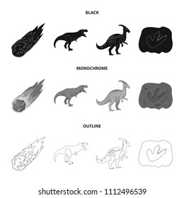 A falling meteorite,parasaurolophus, tyrannosaurus, an imprint of a dinosaur's foot. The dinosaur and prehistoric period set collection icons in black,monochrome,outline style vector symbol stock