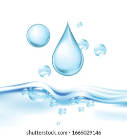 Falling Mineral Water Drop And Air Bubbles Vector. Drinking Crystal Clear Water For Quenching Thirst, Fresh Aqua Wavy Transparent Purity Nature Liquid. Concept Template Realistic 3d Illustration