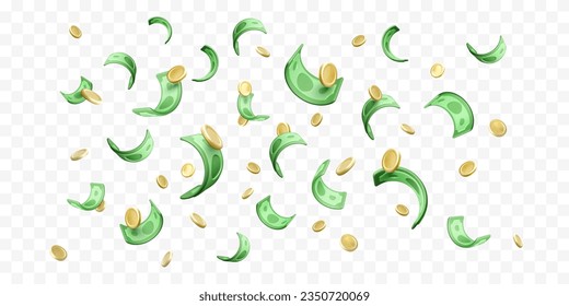 Falling money. 3D cartoon gold coins and green paper currency. Financial success concept. Casino profit jackpot. Vector illustration 