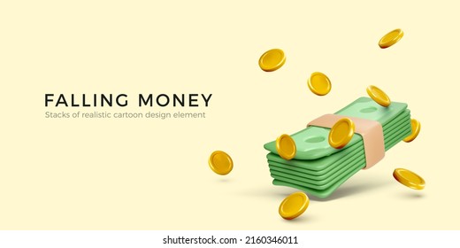 Falling money. 3d realistic cartoon gold coins and dollar banknote bundle. Big win or jackpot banner. Vector illustration - Shutterstock ID 2160346011