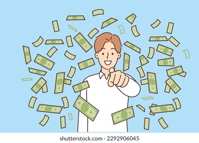 Falling money around smiling man pointing finger at screen inviting business training or financial advice. Man calls to start earning money or investing with profitable dividends that make you rich