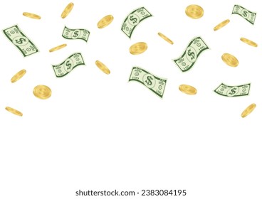 Fondo De La Caída Del Dinero. Billetes en dólares y monedas de oro cayendo y volando. Concepto de inversión, ahorro y riqueza. Ilustración vectorial. 