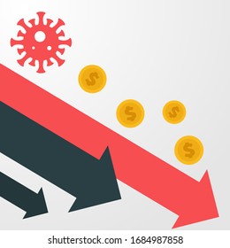 Falling money with bacteria. Abstract design concept with world coronavirus pandemic and crisis of global financial business system. Creative minimalistic cartoon composition. Vector illustration.