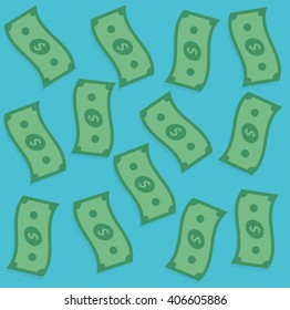 Falling money bills isolated on blue background