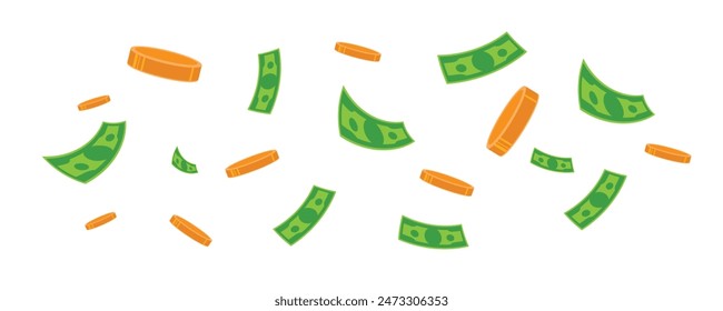 Falling money. cartoon gold coins and green paper currency. Financial success concept. Casino profit jackpot. Vector illustration