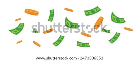 Falling money. cartoon gold coins and green paper currency. Financial success concept. Casino profit jackpot. Vector illustration