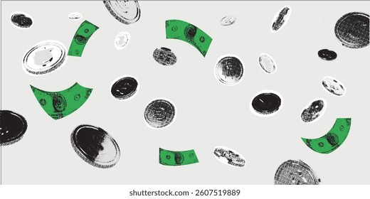 Falling money. Collage design elements in a trendy dotted pop art style. Coins and green paper currency. Financial success concept. Casino jackpot and profit. Vector illustration.